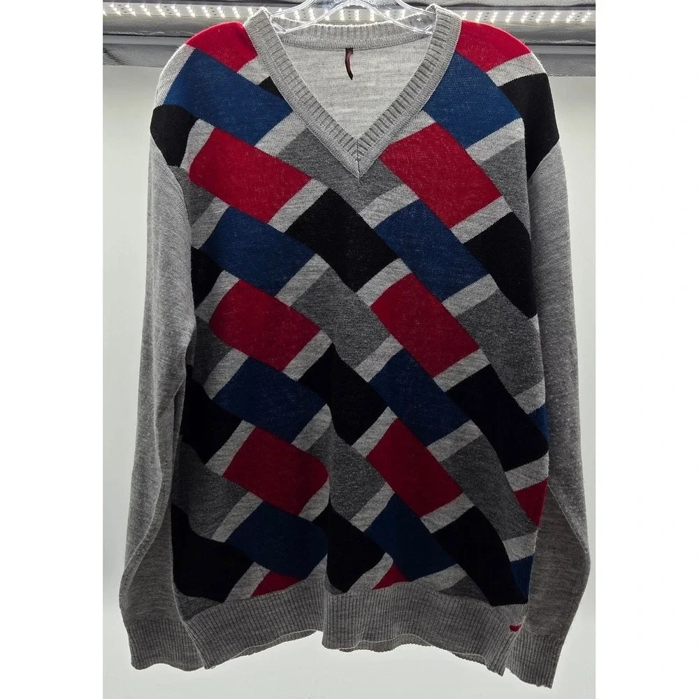 Flying Machine Sweater Mens Large Gray Red‎ Blue Argyle V-Neck Geometric
